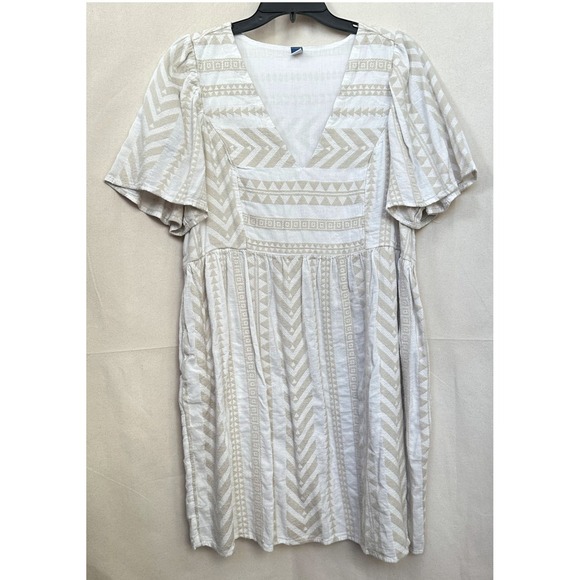 Old Navy Jacquard Mini Swing Dress Womens L Geo Beige Aztec Coastal Boho Cottage - Picture 2 of 9